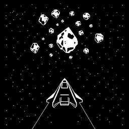 An Atari-style spaceship looking up at asteroids, depicted in classic black and white pixel graphics reminiscent of the original Asteroids game