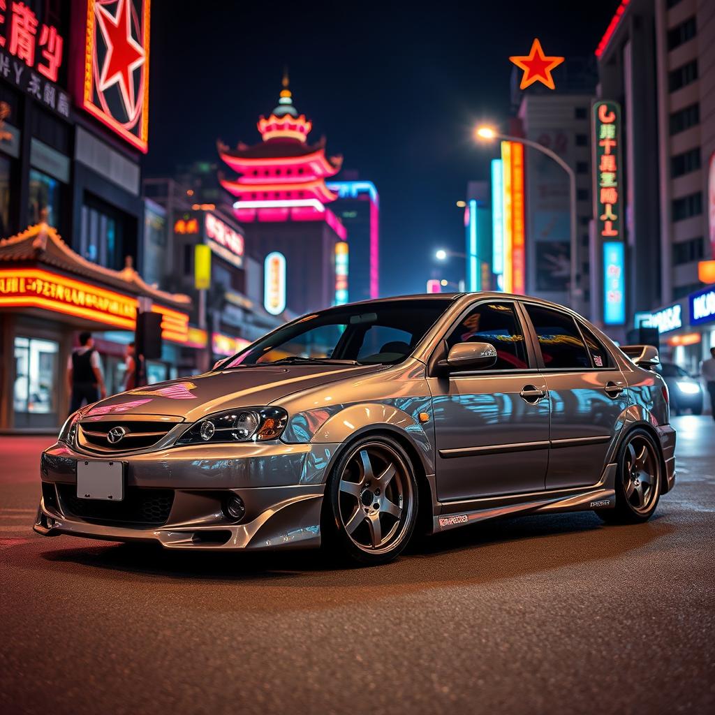 A sleek, tuned Daewoo Kalos from 2004 painted in a striking gray color, parked on a bustling street under the night sky in North Korea