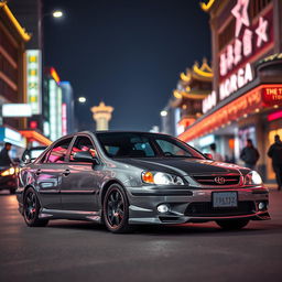 A sleek, tuned Daewoo Kalos from 2004 painted in a striking gray color, parked on a bustling street under the night sky in North Korea