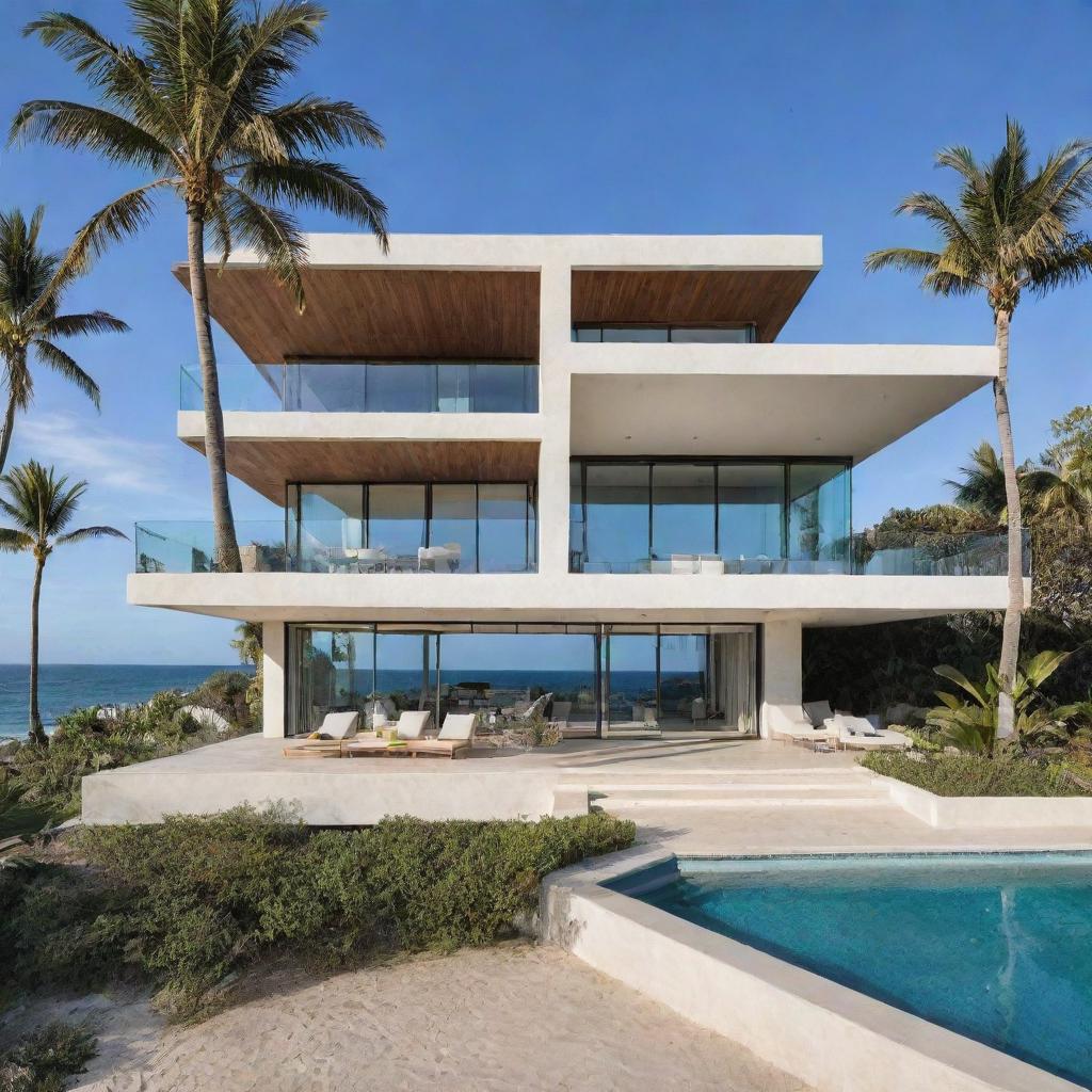 A luxurious beach house with a modern architecture style, stunning ocean views, and surrounded by palm trees.