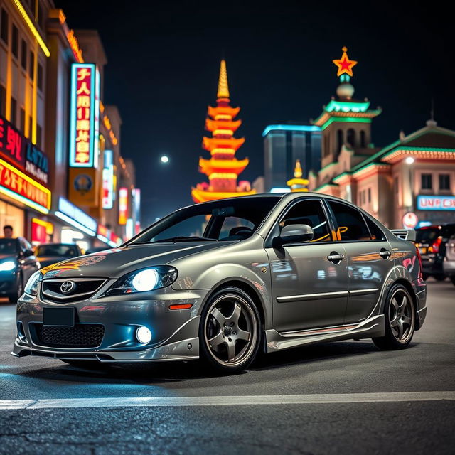 A sleek, tuned Daewoo Kalos from 2004 painted in a striking gray color, parked on a bustling street under the night sky in North Korea