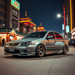 A sleek, tuned Daewoo Kalos from 2004 painted in a striking gray color, parked on a bustling street under the night sky in North Korea