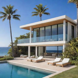 A luxurious beach house with a modern architecture style, stunning ocean views, and surrounded by palm trees.