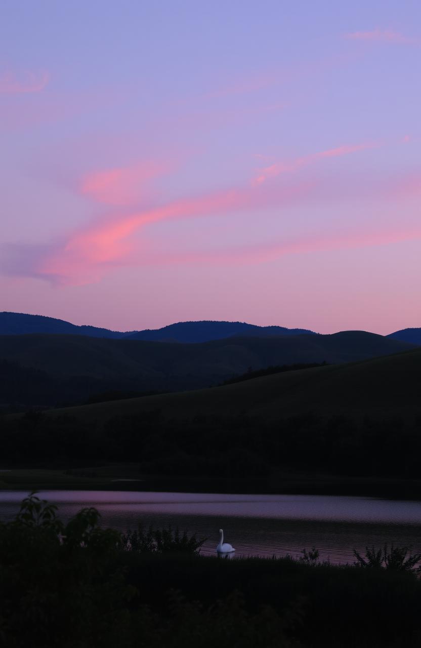 A serene landscape at dusk, featuring rolling hills under a sky painted in soft hues of purple and pink