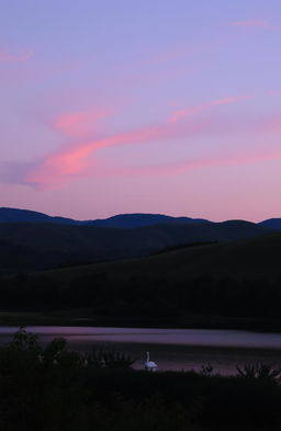 A serene landscape at dusk, featuring rolling hills under a sky painted in soft hues of purple and pink