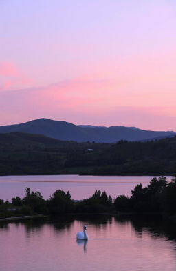 A serene landscape at dusk, featuring rolling hills under a sky painted in soft hues of purple and pink