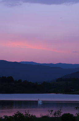 A serene landscape at dusk, featuring rolling hills under a sky painted in soft hues of purple and pink