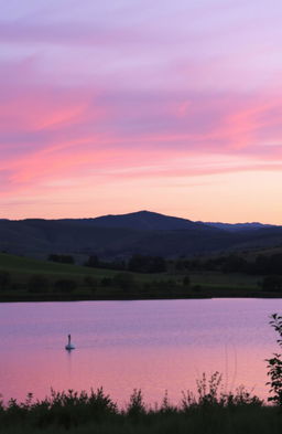 A serene landscape at dusk, featuring rolling hills under a sky painted in soft hues of purple and pink