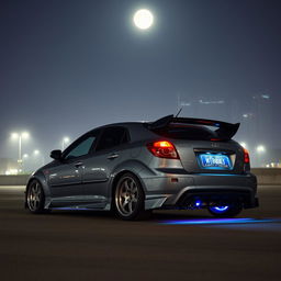 A stunning gray 2004 Daewoo Kalos hatchback, heavily tuned with sporty modifications, parked under a starry sky in North Korea at night