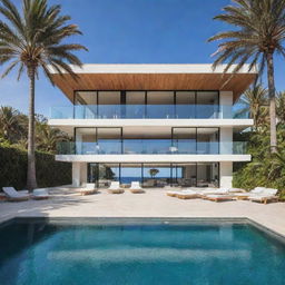 A luxurious beach house with a modern architecture style, stunning ocean views, and surrounded by palm trees.