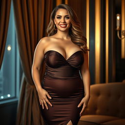 A voluptuous woman with big breasts wearing a figure-hugging, elegant dress that accentuates her curves, standing confidently in a luxurious setting with plush velvet curtains and golden accents