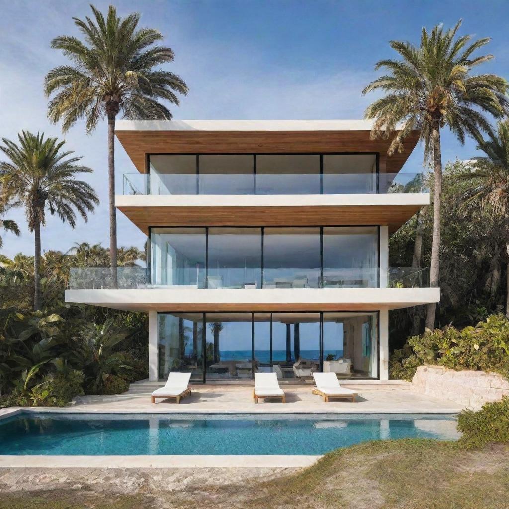 A luxurious beach house with a modern architecture style, stunning ocean views, and surrounded by palm trees.