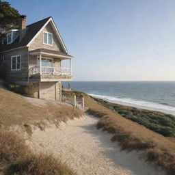 A cozy small beach house with a distant view of the sparkling ocean.