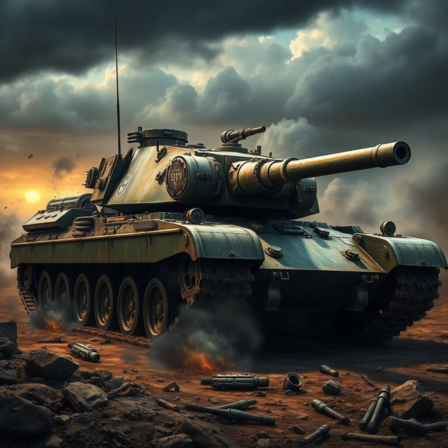 A detailed military tank in a realistic battlefield setting, showcasing its robust armor and intricate machinery