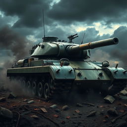 A detailed military tank in a realistic battlefield setting, showcasing its robust armor and intricate machinery