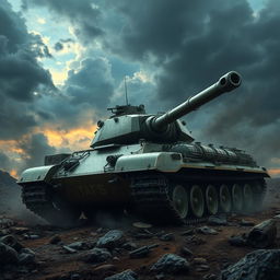 A detailed military tank in a realistic battlefield setting, showcasing its robust armor and intricate machinery