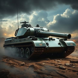 A detailed military tank in a realistic battlefield setting, showcasing its robust armor and intricate machinery