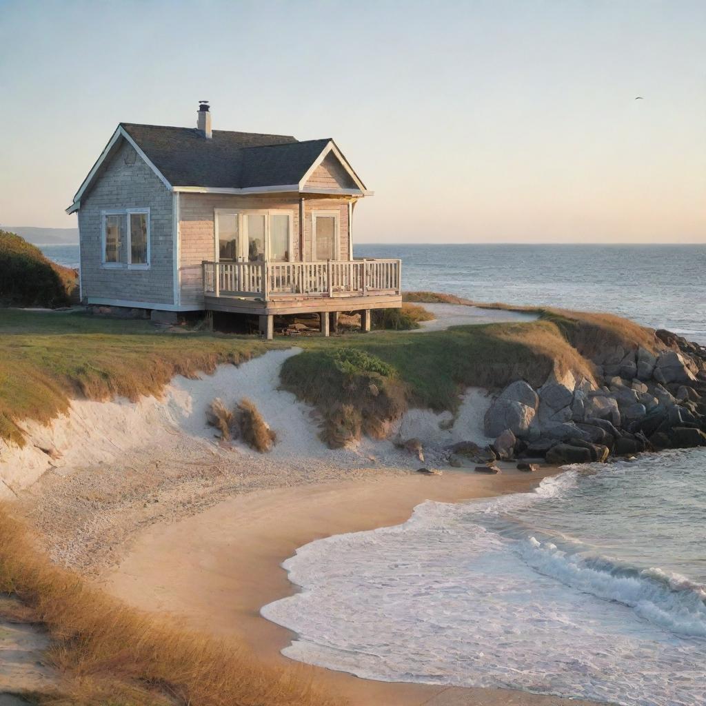 A cozy small beach house with a distant view of the sparkling ocean.