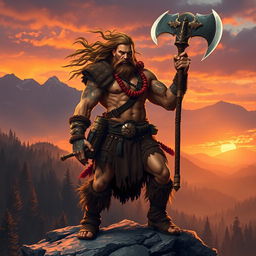 A fierce barbarian warrior standing triumphantly on a rocky outcrop, showcasing his muscular physique and battle-worn armor