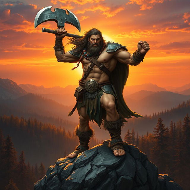 A fierce barbarian warrior standing triumphantly on a rocky outcrop, showcasing his muscular physique and battle-worn armor