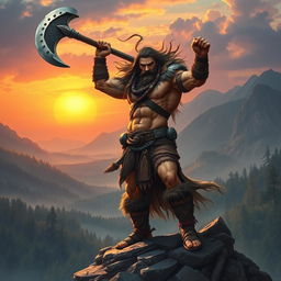 A fierce barbarian warrior standing triumphantly on a rocky outcrop, showcasing his muscular physique and battle-worn armor