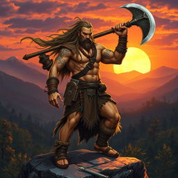 A fierce barbarian warrior standing triumphantly on a rocky outcrop, showcasing his muscular physique and battle-worn armor