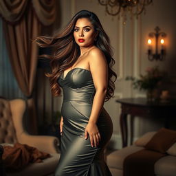 A curvy, sultry beauty with flowing long hair, wearing an elegant evening gown that accentuates her curves