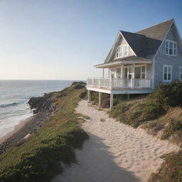 A cozy small beach house with a distant view of the sparkling ocean.