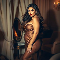 A curvy, sultry beauty with flowing long hair, wearing an elegant evening gown that accentuates her curves