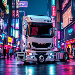 A majestic Iveco Stralis 500 truck, 2018 model with a sleek white Pegaso edition paint job, parked on a vibrant cyberpunk street at night