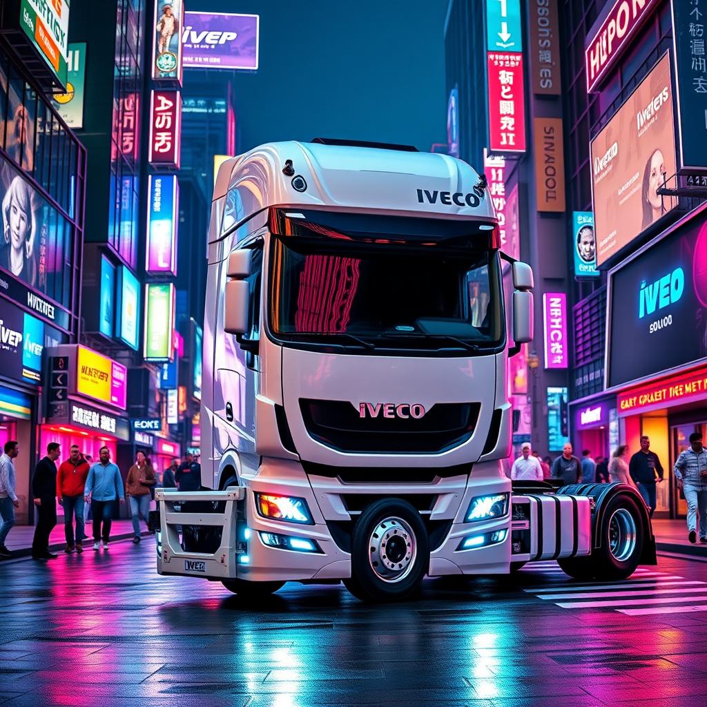 A majestic Iveco Stralis 500 truck, 2018 model with a sleek white Pegaso edition paint job, parked on a vibrant cyberpunk street at night