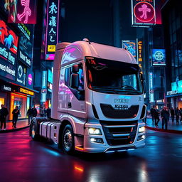 A majestic Iveco Stralis 500 truck, 2018 model with a sleek white Pegaso edition paint job, parked on a vibrant cyberpunk street at night