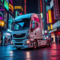 A majestic Iveco Stralis 500 truck, 2018 model with a sleek white Pegaso edition paint job, parked on a vibrant cyberpunk street at night