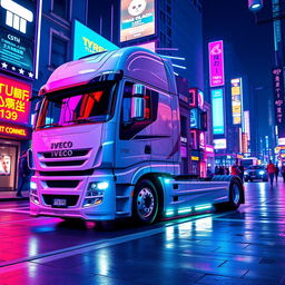 A majestic Iveco Stralis 500 truck, 2018 model with a sleek white Pegaso edition paint job, parked on a vibrant cyberpunk street at night