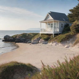 A cozy small beach house with a distant view of the sparkling ocean.