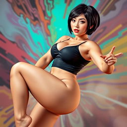 A beautiful Asian woman with thick thighs and a big chest, striking a confident pose that showcases her full body