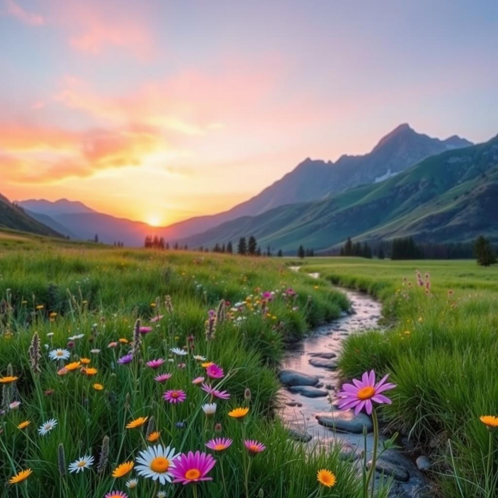 A vibrant, colorful landscape featuring a peaceful meadow with wildflowers in full bloom, surrounded by majestic mountains in the background