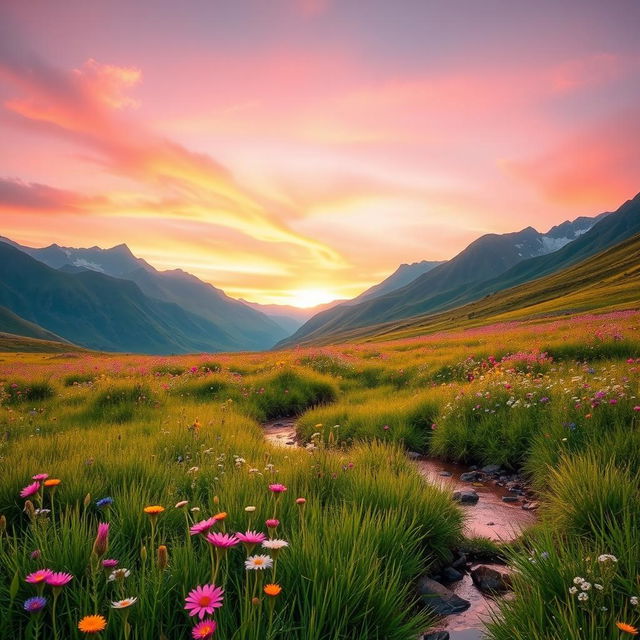 A vibrant, colorful landscape featuring a peaceful meadow with wildflowers in full bloom, surrounded by majestic mountains in the background