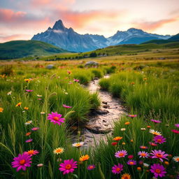 A vibrant, colorful landscape featuring a peaceful meadow with wildflowers in full bloom, surrounded by majestic mountains in the background