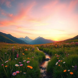 A vibrant, colorful landscape featuring a peaceful meadow with wildflowers in full bloom, surrounded by majestic mountains in the background