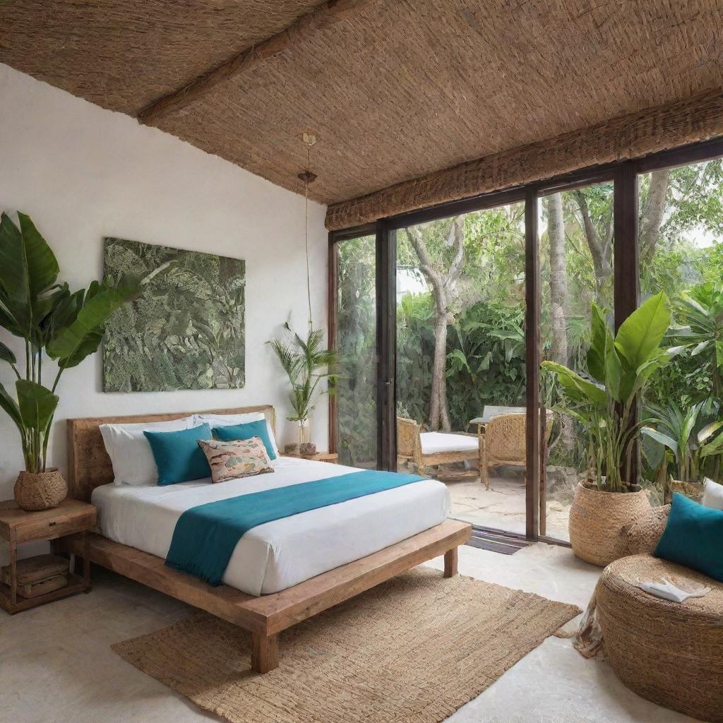 A small modern beach house featuring the boho-chic vibes characteristic of Tulum, with a fusion of jungle and sea elements.