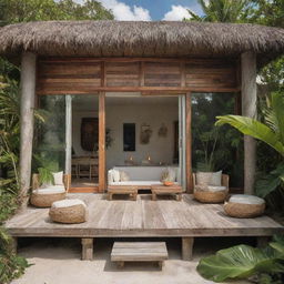 A small modern beach house featuring the boho-chic vibes characteristic of Tulum, with a fusion of jungle and sea elements.