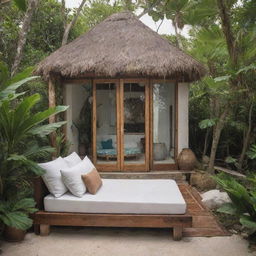 A small modern beach house featuring the boho-chic vibes characteristic of Tulum, with a fusion of jungle and sea elements.