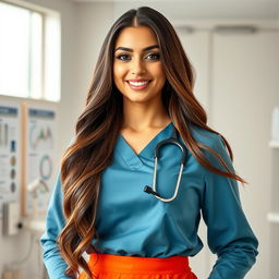 A beautiful young Egyptian woman with long, flowing brown hair and a voluptuous body, wearing a stylish and modern medical outfit