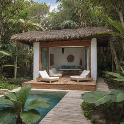 A small modern beach house featuring the boho-chic vibes characteristic of Tulum, with a fusion of jungle and sea elements.