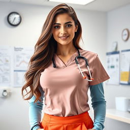 A beautiful young Egyptian woman with long, flowing brown hair and a voluptuous body, wearing a stylish and modern medical outfit