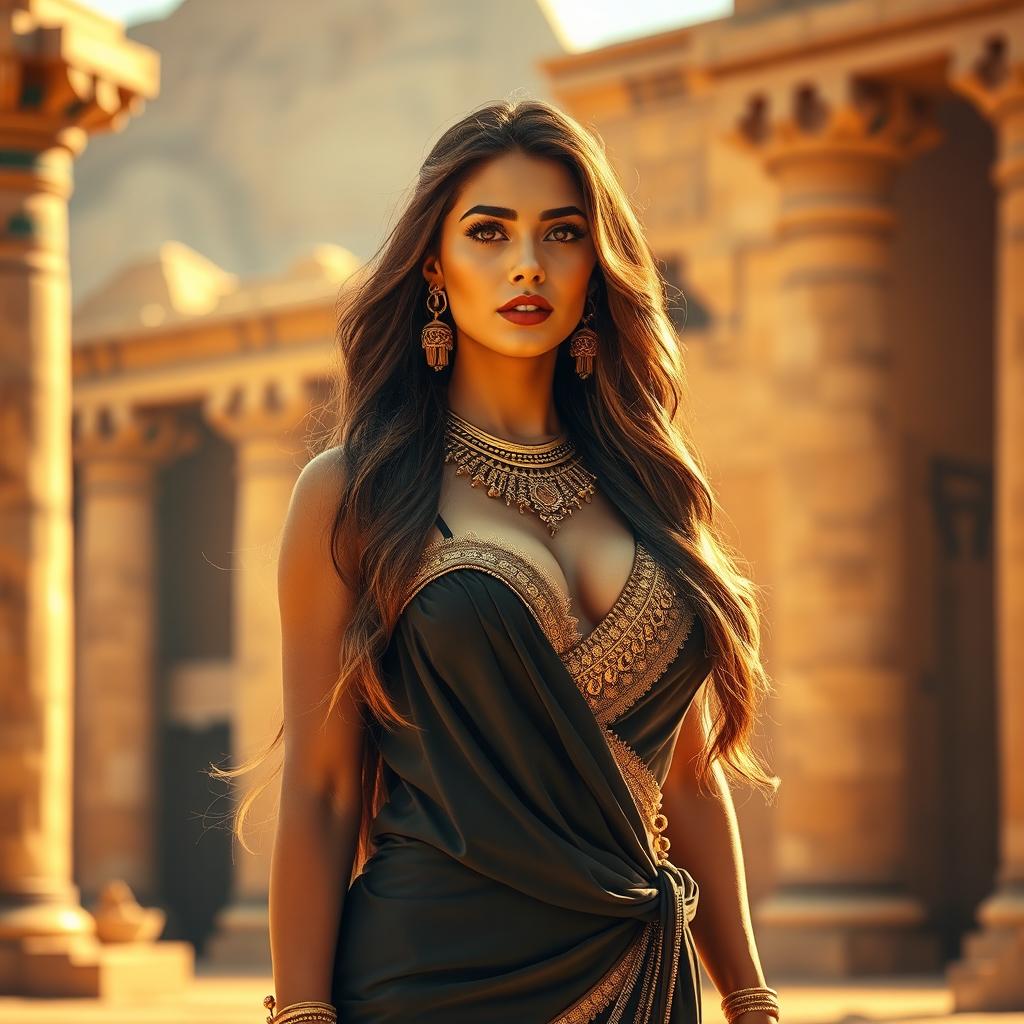 A beautiful Egyptian woman with long, flowing brown hair and a voluptuous body, standing confidently against a backdrop of ancient Egyptian architecture