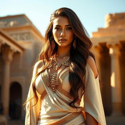 A beautiful Egyptian woman with long, flowing brown hair and a voluptuous body, standing confidently against a backdrop of ancient Egyptian architecture