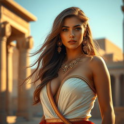 A beautiful Egyptian woman with long, flowing brown hair and a voluptuous body, standing confidently against a backdrop of ancient Egyptian architecture