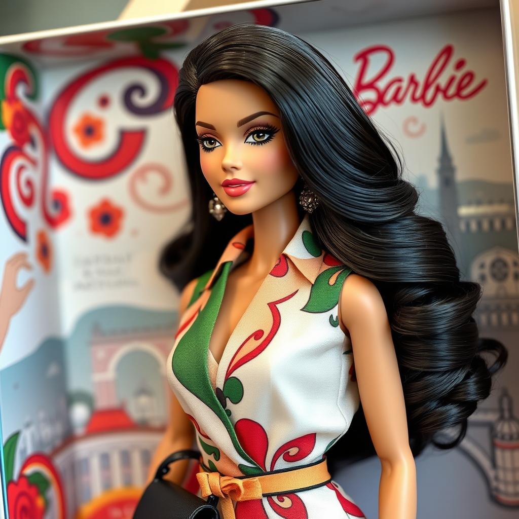 A stunning Barbie doll with sleek, dark hair styled in a glamorous Italian fashion, featuring elegant curls that cascade down her shoulders